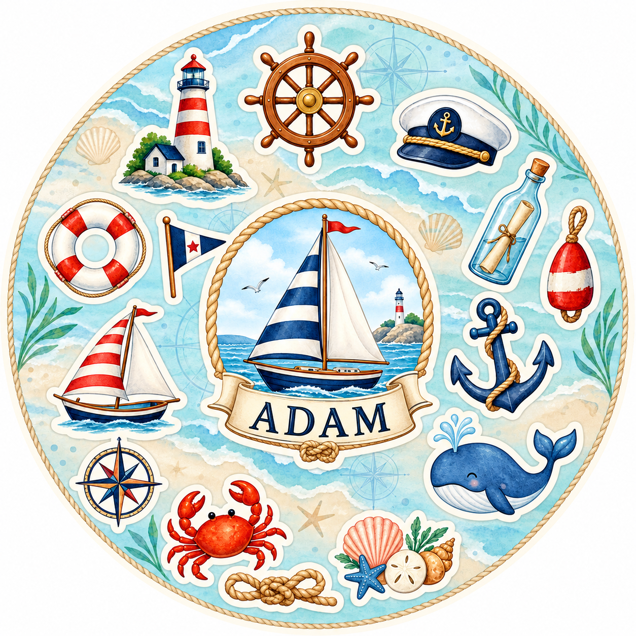 Personalized nautical round kiss-cut sticker sheet